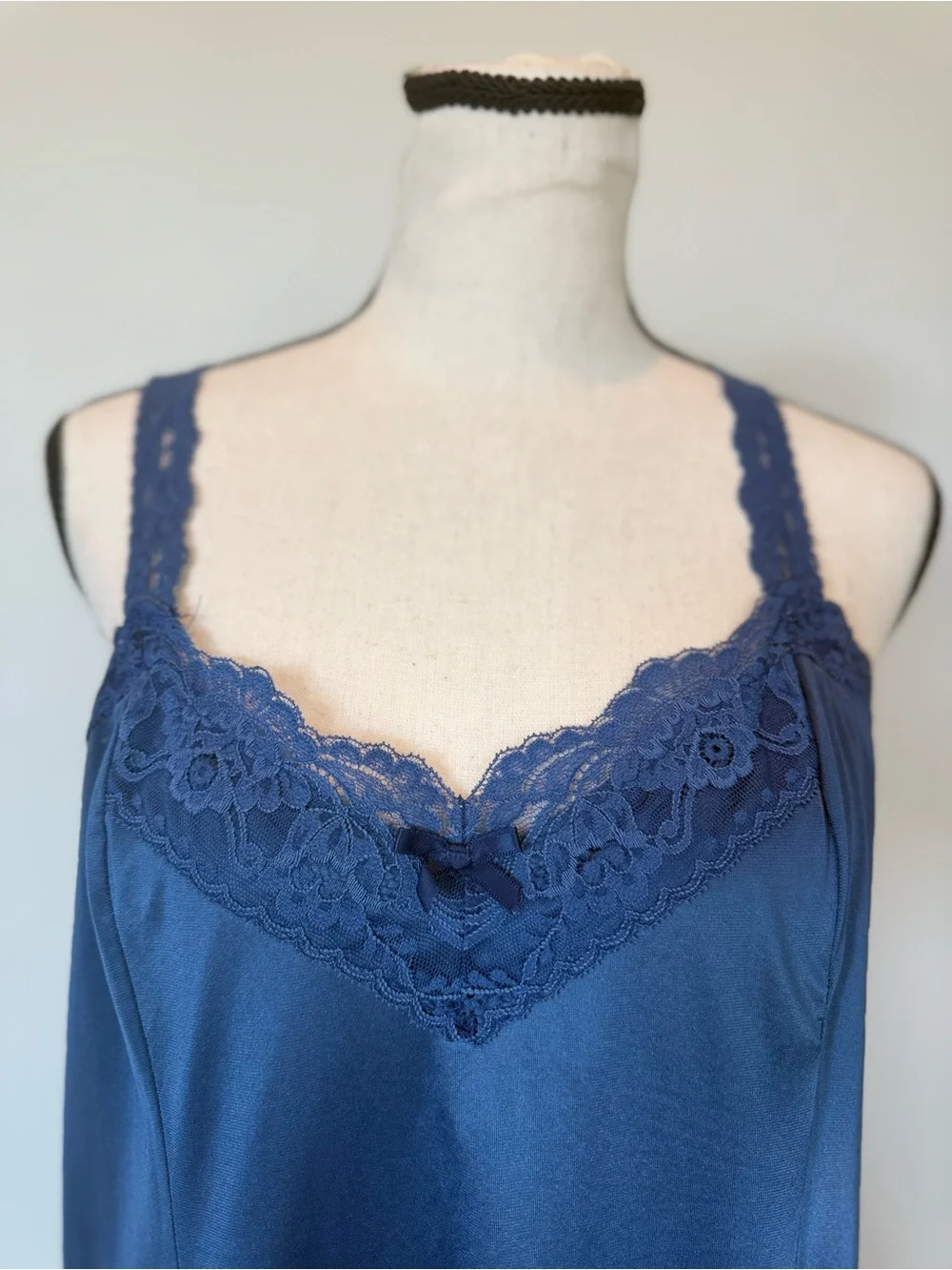 Vintage Sheer Elegance Blue Lace Trim Full Slip Nightgown USA Made Lingerie